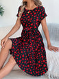 Heart Print Short Sleeve Tie Waist Dress - Black -