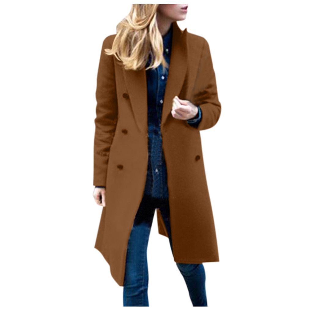 Women Lapel Collar Double Breasted Coats Solid Woolen Overcoat