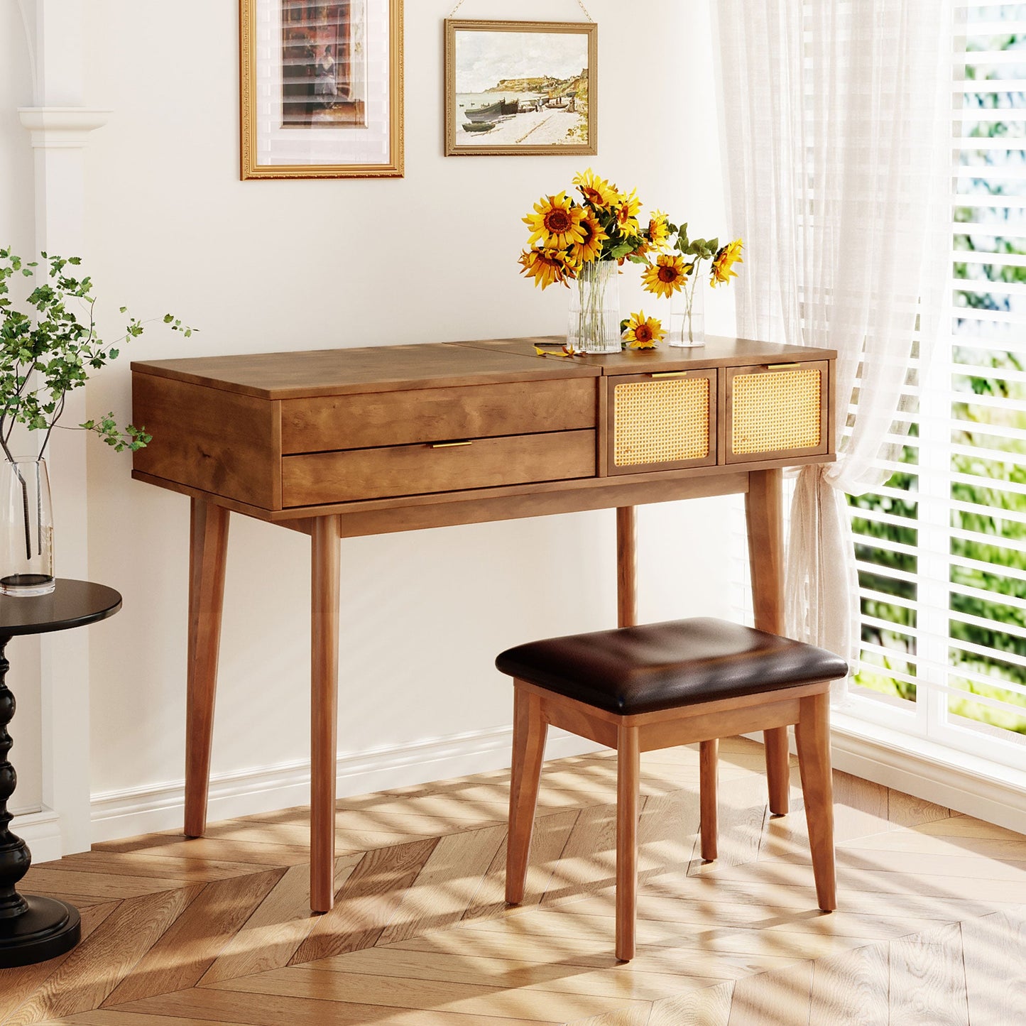 Classic Wood Flip-Top Vanity & Stool Set (43" Width) - Brown - Table