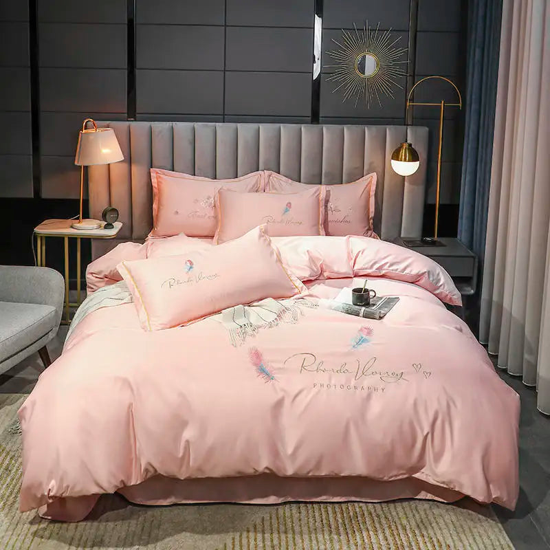 Organic Embroidered 4pcs Silky Satin Bedding Set