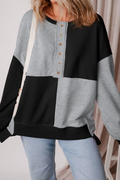 Color Block Half Button Long Sleeve Sweatshirt - Black -