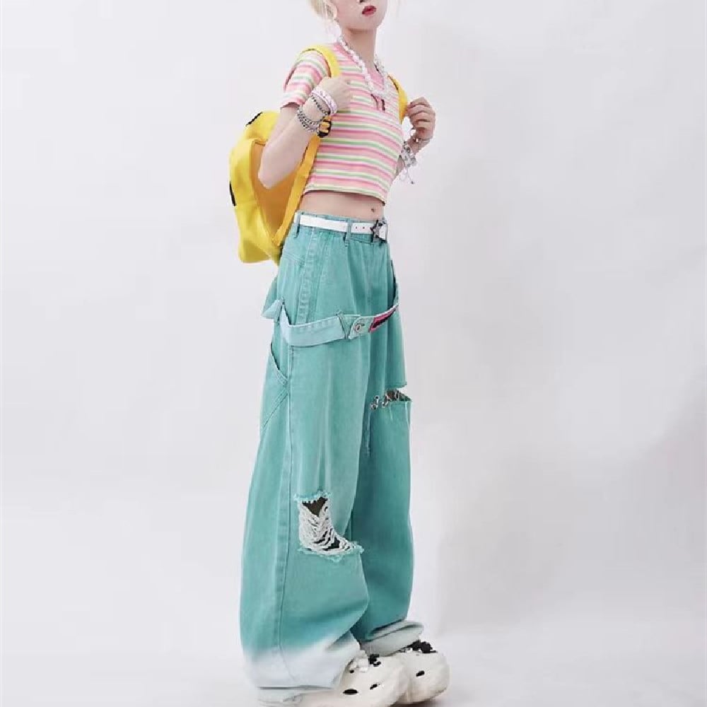 American Retro Distressed Tattered Jeans - - jeans