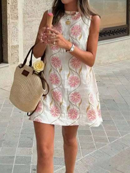 Floral Pattern Sleeveless Mini Dress - -