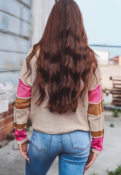 Color Block Round Neck Long Sleeve Sweater - -