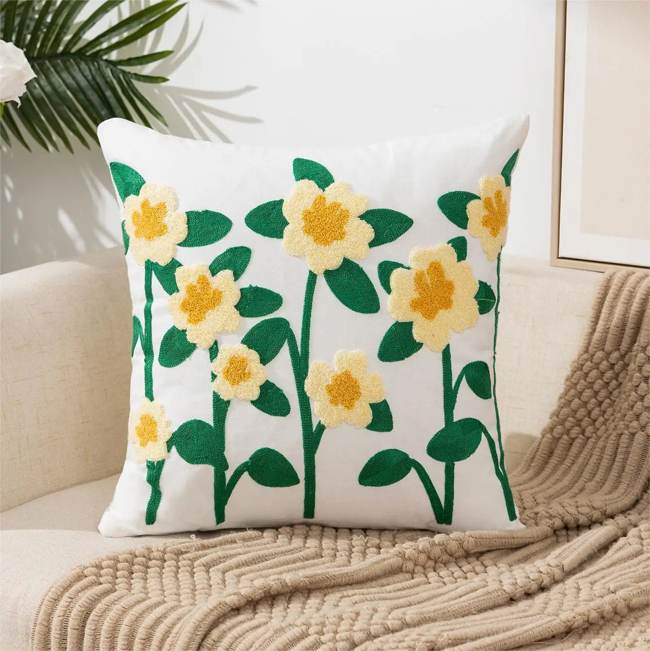 Flower Pillow Cover Embroidered Canvas Wool 18*18 Inch