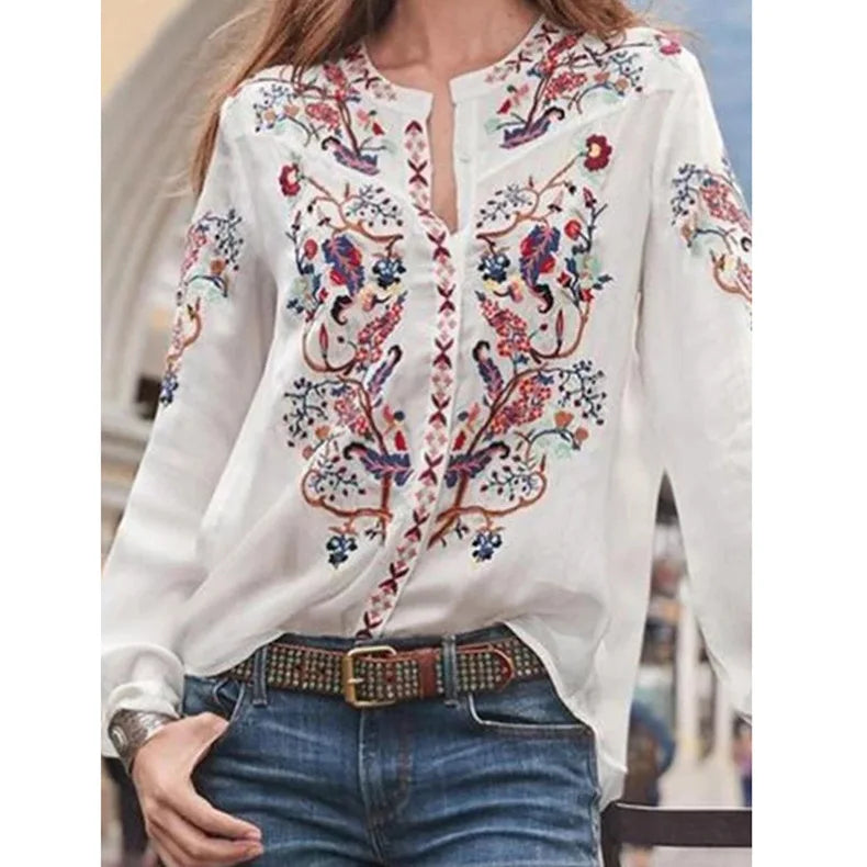 Lace Blouse Long Sleeve Lovely Floral Printed Shirt Ladies Stand Collar Blouse