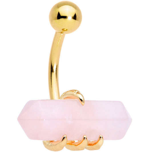Pink Rose Quartz Stone Gold Tone Claw Belly Ring - - BELLY RING