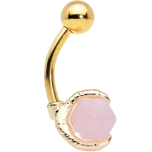 Pink Rose Quartz Stone Gold Tone Claw Belly Ring - - BELLY RING