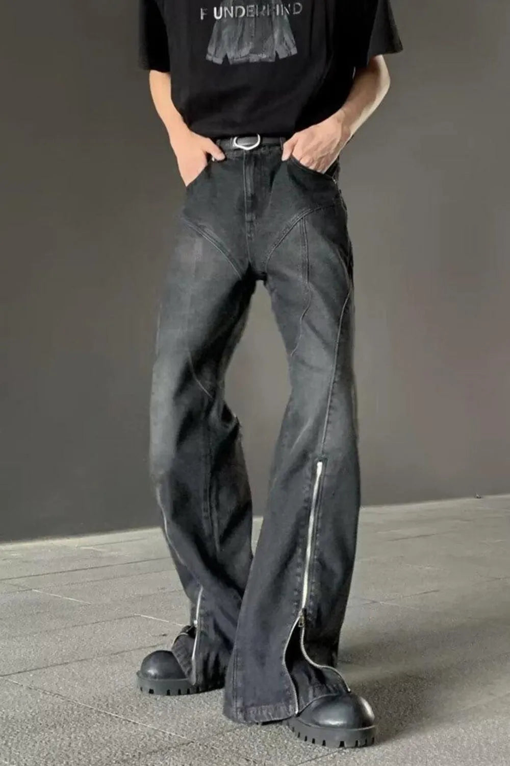 Men's Plus Size Washed Flare Jeans with Zipper Detail - -