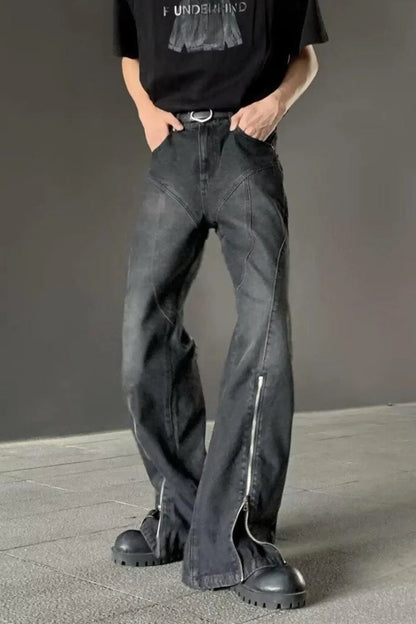 Men's Plus Size Washed Flare Jeans with Zipper Detail - -