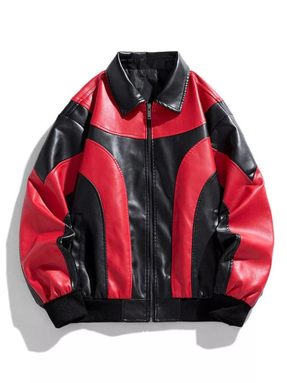 Men's Two-Tone Retro Style Faux Leather Jacket - Red -