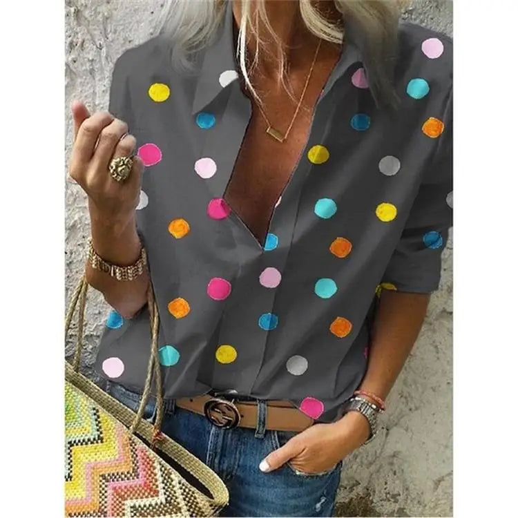 Polka Dot Blouse Women Turn Down Collar Long Sleeve Shirts