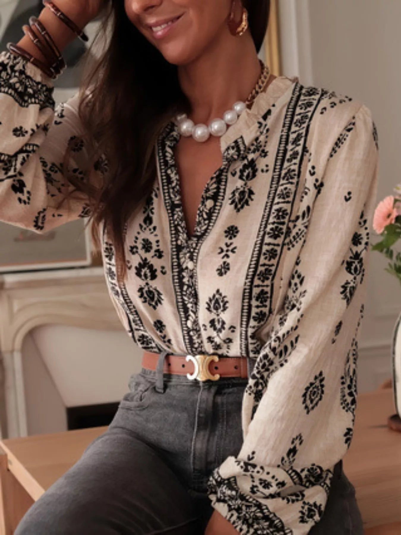 Vintage Print Long Sleeve Shirt - -