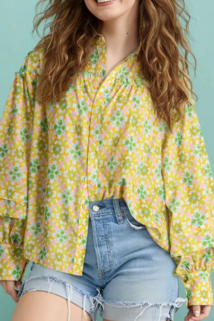 Frill Printed Collared Neck Long Sleeve Blouse - Yellow Green -