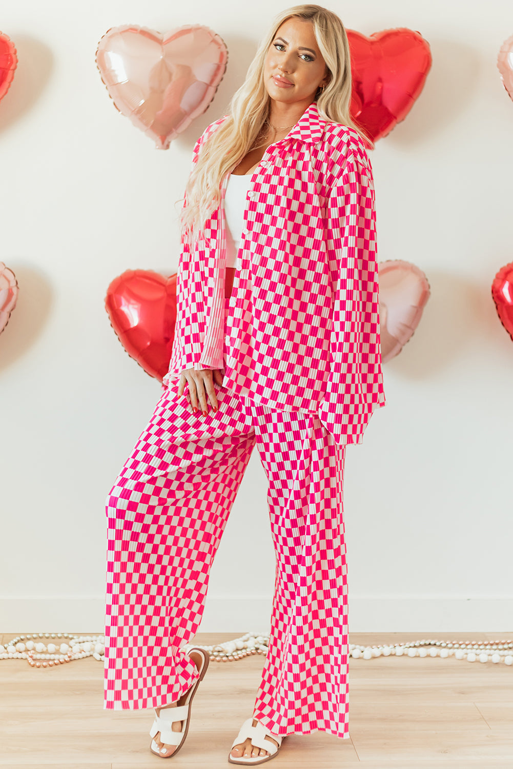 Pink Checkered Buttoned Shirt and High Waist Pants Pajama Set - - Loungewear & Sleepwear/Sleepwear