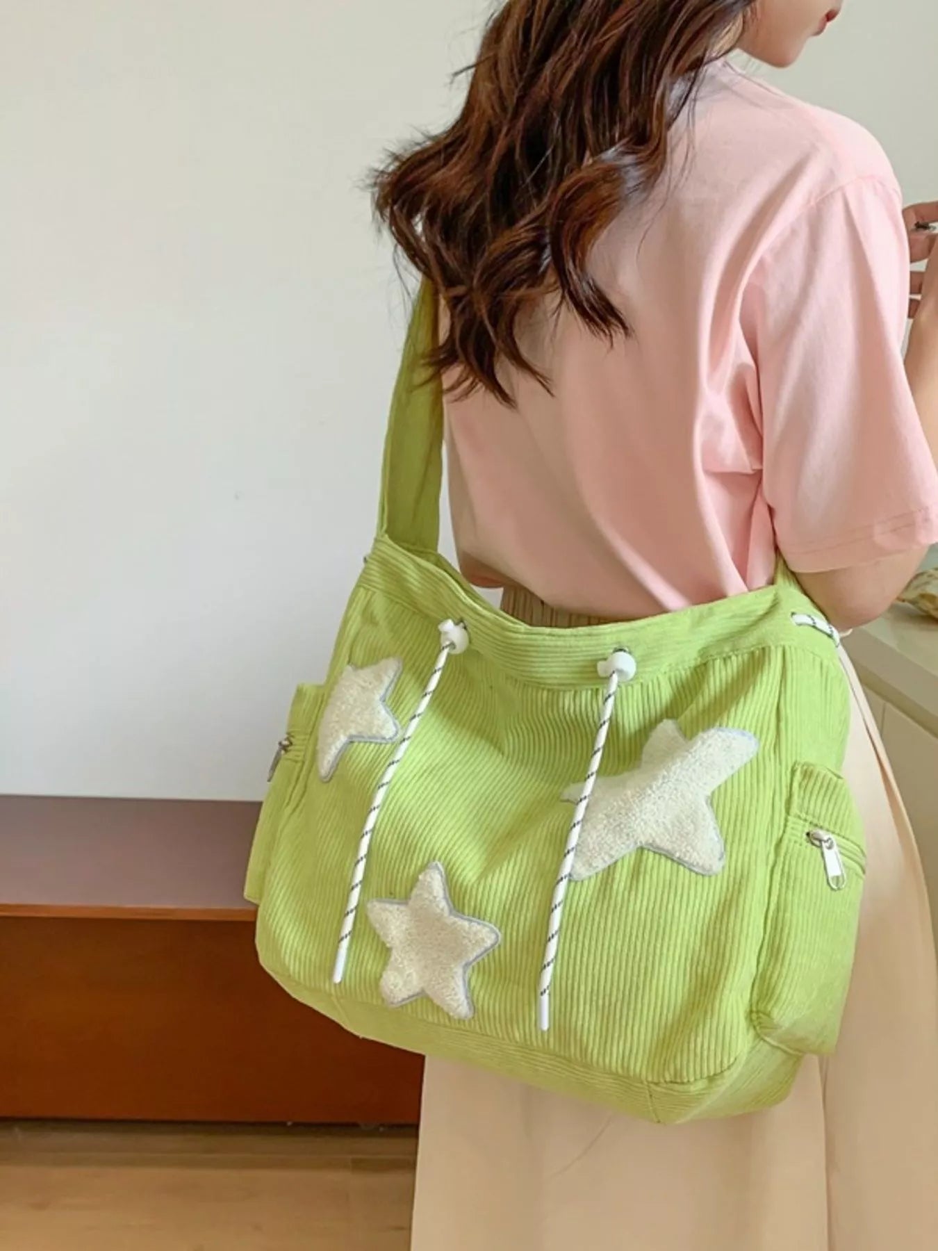 Corduroy Star Applique Casual Crossbody Bag - -