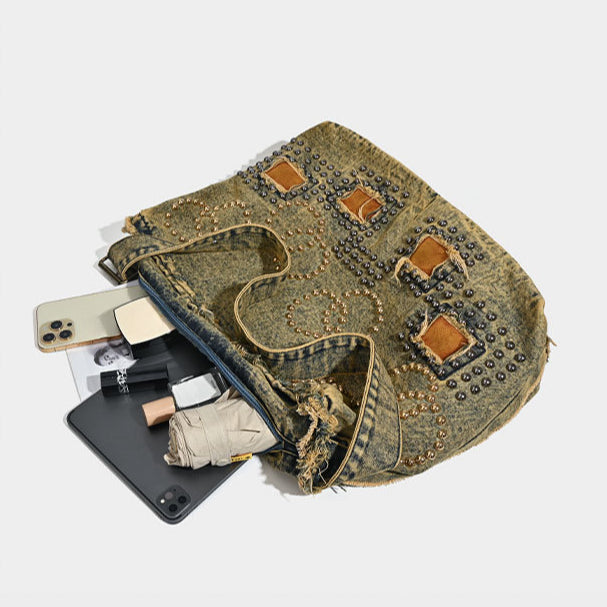 Large capacity hobo shoulder tote bag, retro denim bag, stylish crossbody bag, rivet design shoulder bag - -