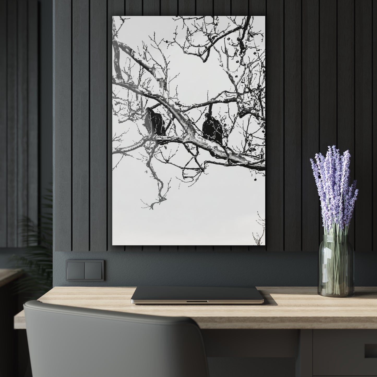 Black & White Buzzards Silhouette Acrylic Print — Modern Minimalist Wall Art - 24" x 36" (Vertical) 0.25'' - Home Decor
