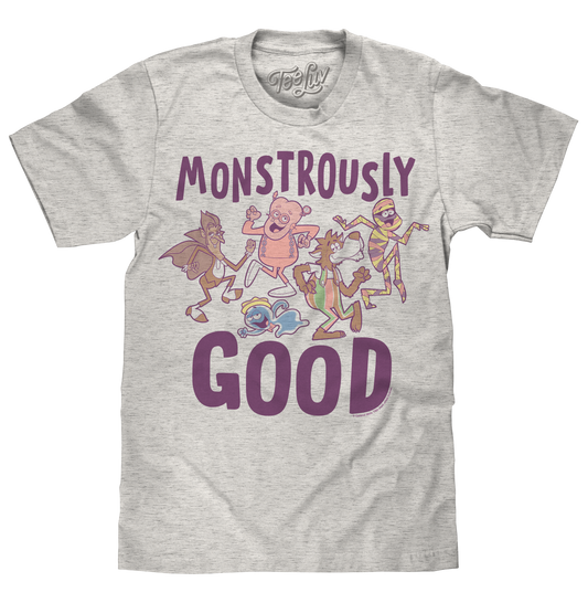 Monstrously Good General Mills Cereal Monster Cartoon Mascots T-Shirt - Heather Oatmeal - - Clothing