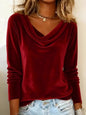 Velvet Cowl Neck Long Sleeve Top - Red -