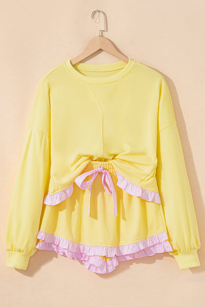Yellow Cream Plaid Ruffled Patchwork Drop Shoulder Pullover and Drawstring Elastic Waist Shorts Matching Set- Wild and Free Boutique- {{Product type}}