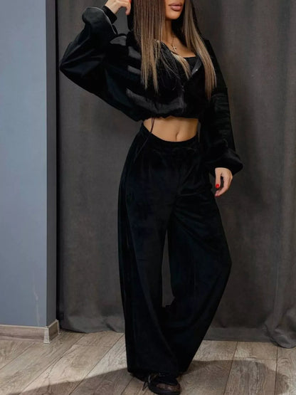 Zip Up Cropped Outerwear and Pants Set - -