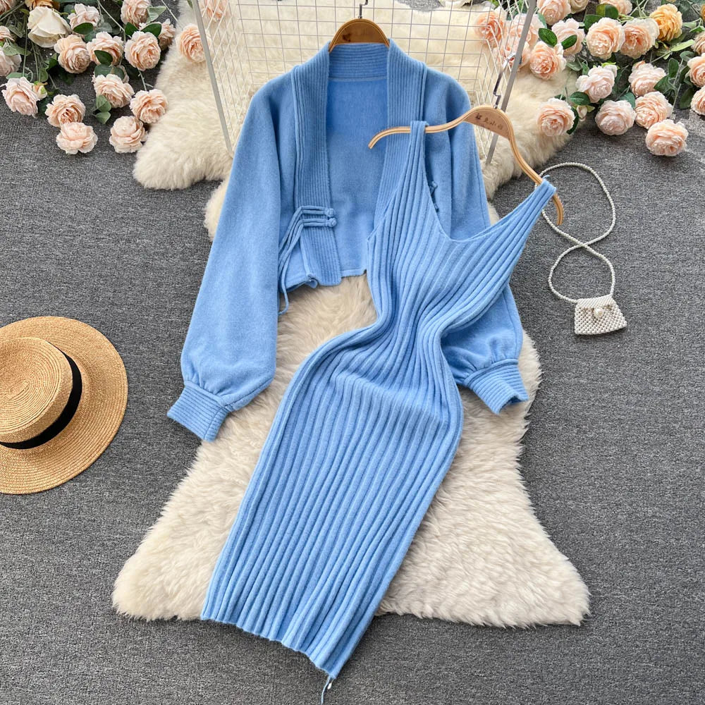 Knitting Suit Women's Short Sweater Shawl Coat+suspender Dress Two-Piece Set