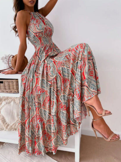 Printed Halter Neck Maxi Dress - -
