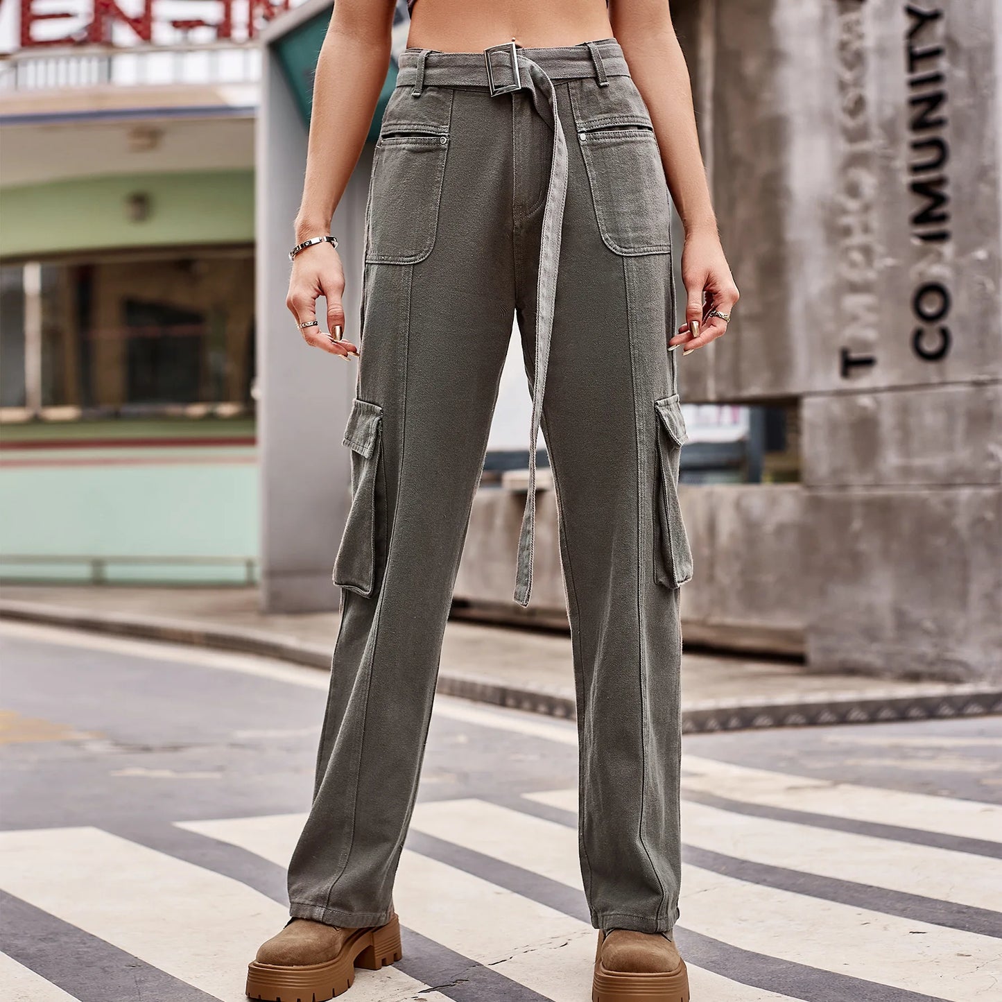 Denim Casual Pants Waist Band Loose Fit Multi-Pocket Wide Leg Pants