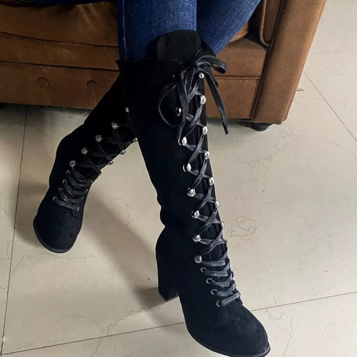 Lace Up Block Heels Boots - -
