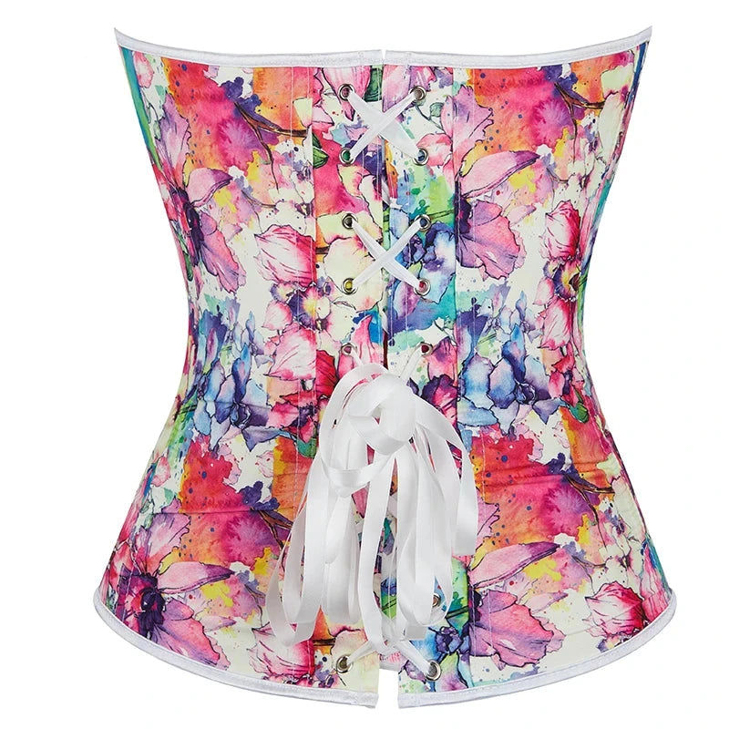 Rose Pink Corset 10 Glue Bones Floral Print Bustier With Padded Cup