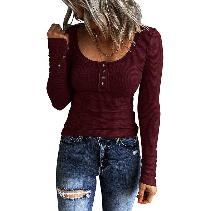 Casual Knit Button Long Sleeve Ladies T Shirt