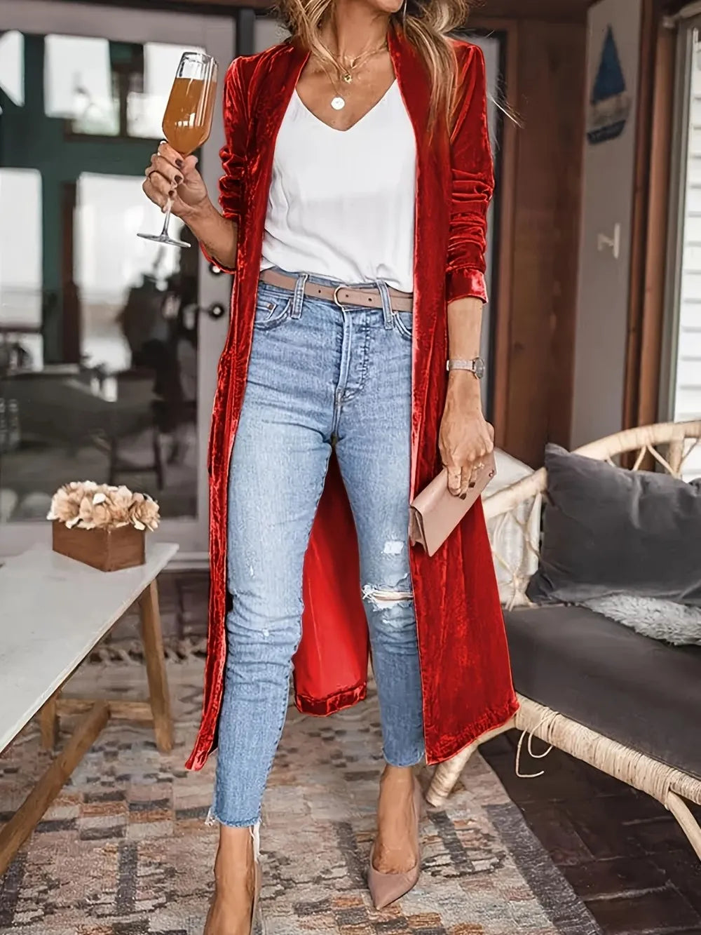 Open Front Long Sleeve Coat - -