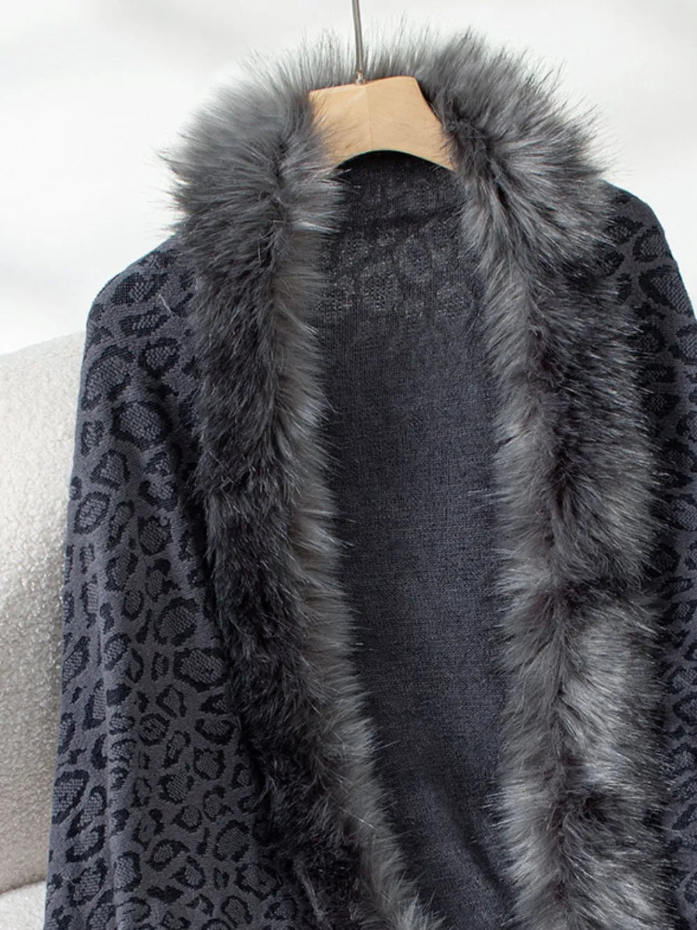 Fringe Leopard Open Front Long Sleeve Poncho - -