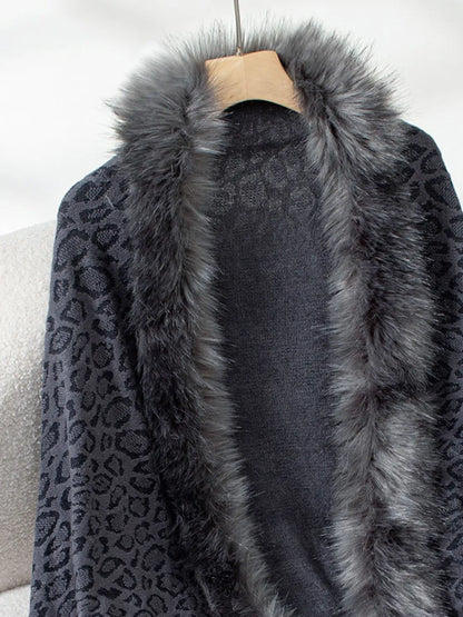 Fringe Leopard Open Front Long Sleeve Poncho - -