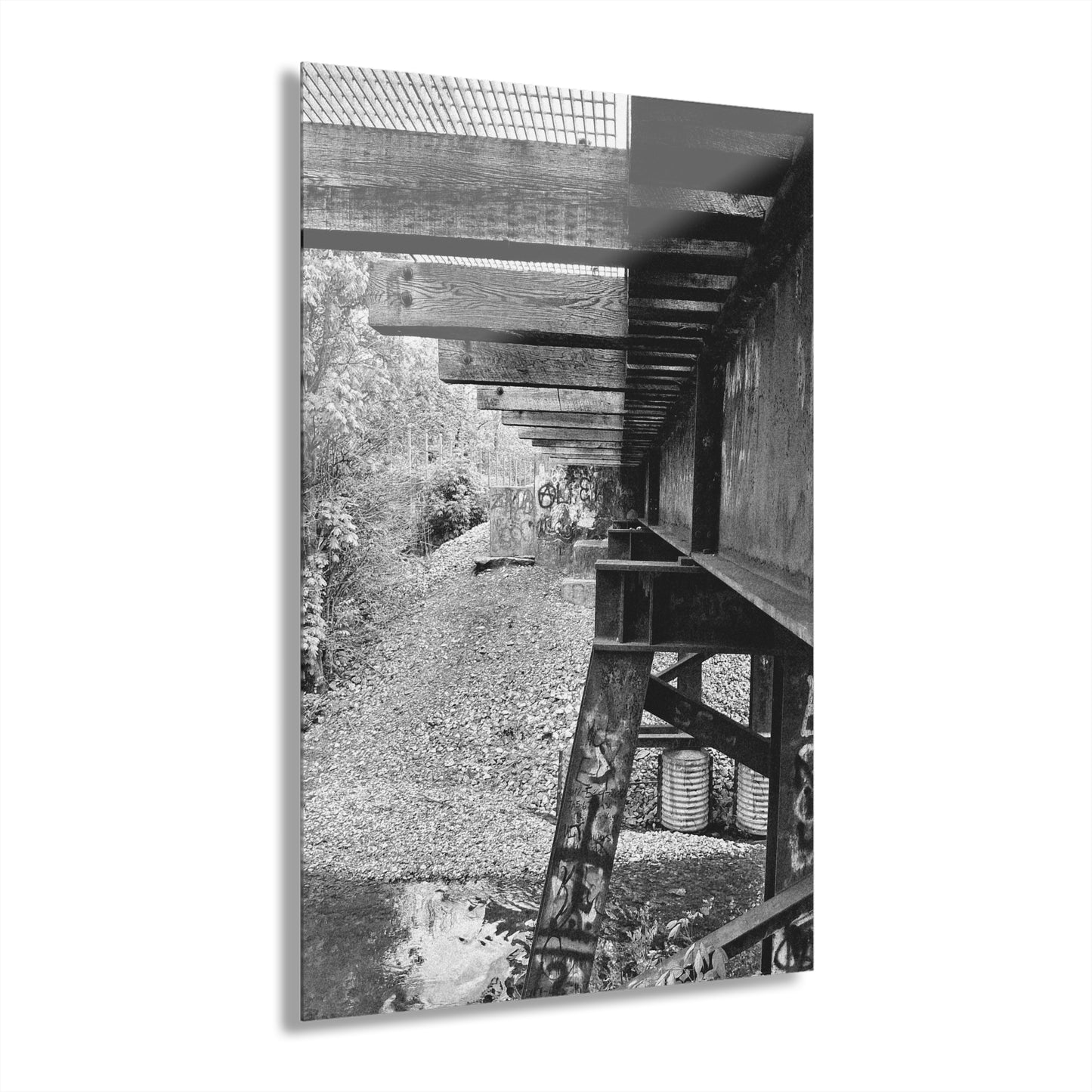 Black & White Train Trestle Acrylic Print — Rustic Industrial Wall Art French Cleat - - Home Decor