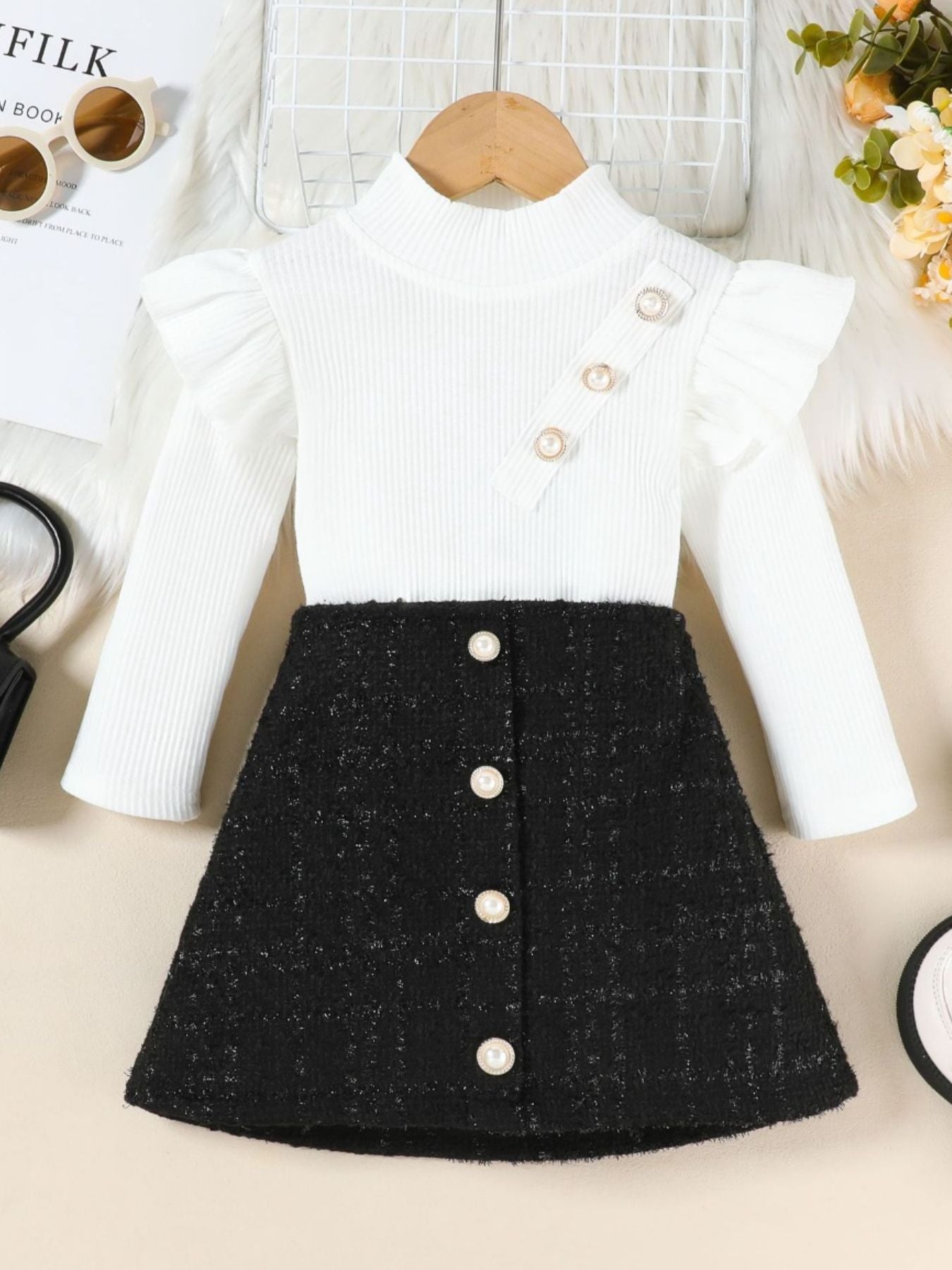 Children's Ruffle Sleeve Top & Tweed Skirt Set - Black -
