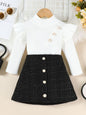Children's Ruffle Sleeve Top & Tweed Skirt Set - Black -