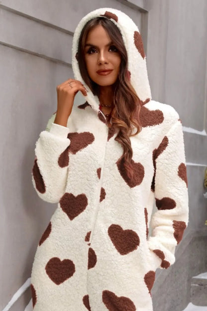 Fuzzy Heart Zip Up Hooded Lounge Jumpsuit - -