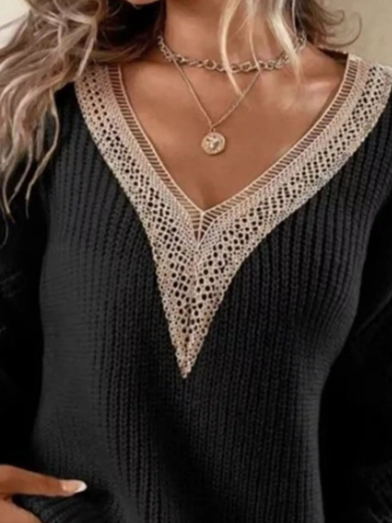Openwork V-Neck Long Sleeve Sweater - -