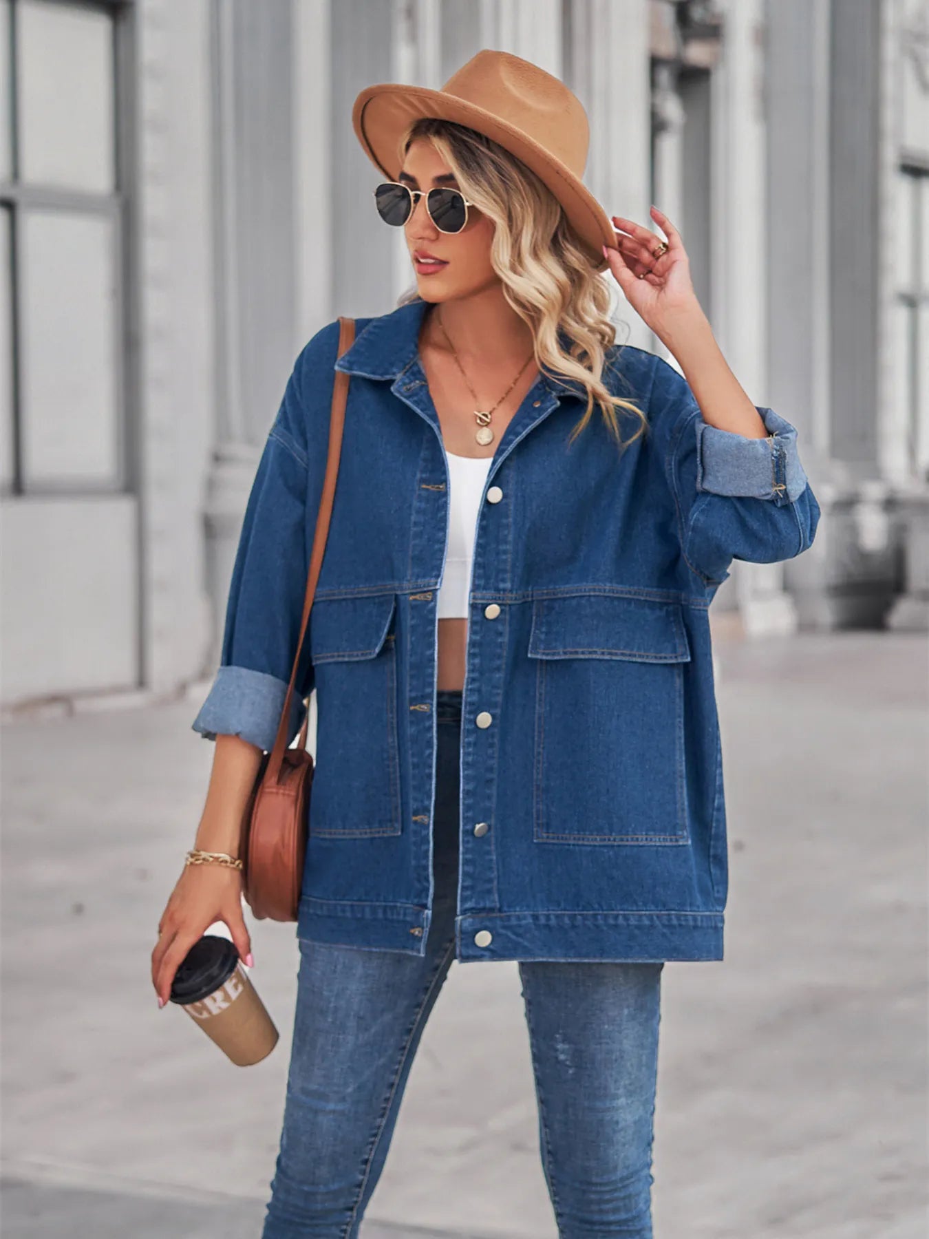 Button Up Long Sleeve Denim Jacket - -