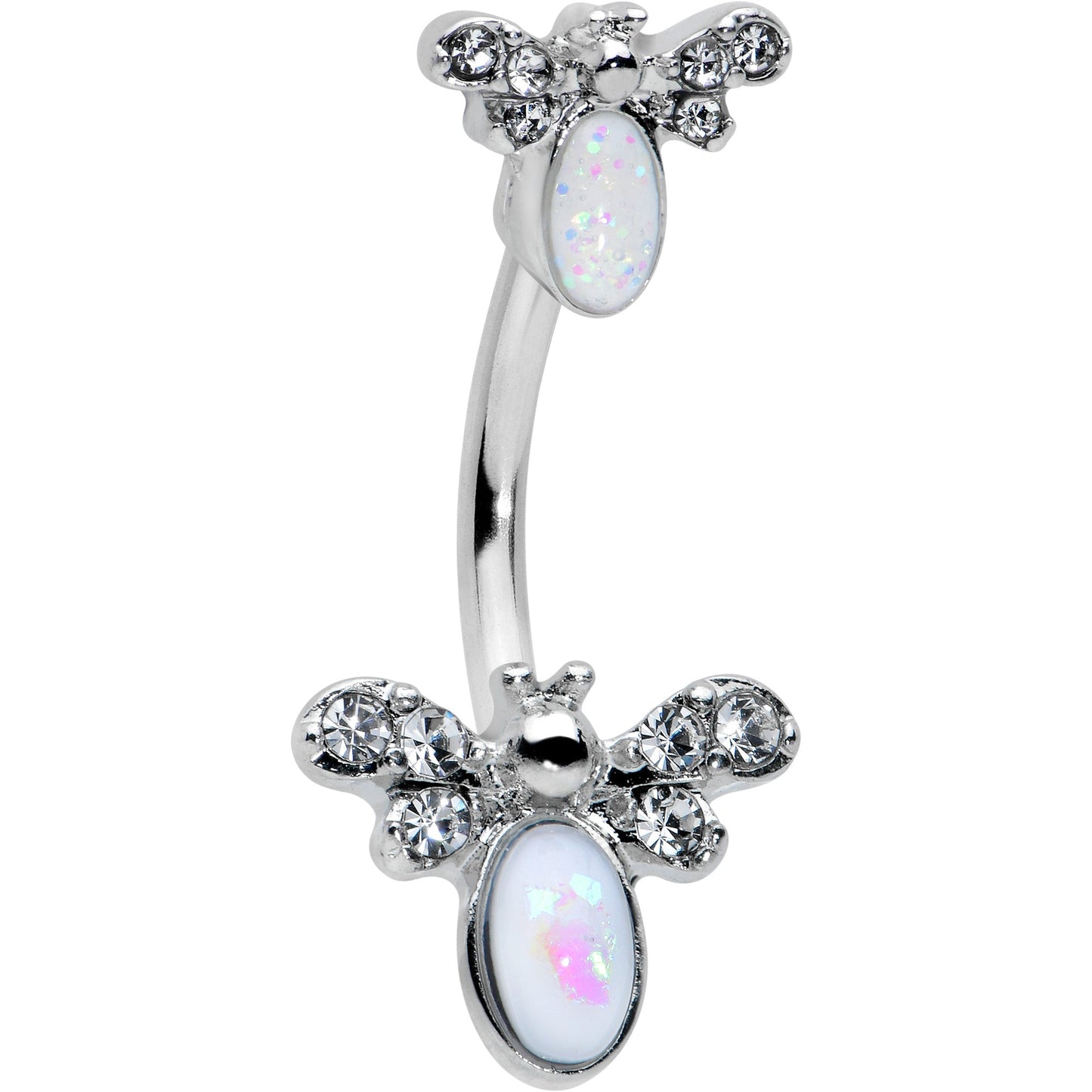 White Faux Opal Clear Gem Double Butterfly Double Mount Belly Ring - - BELLY RING Double Mount