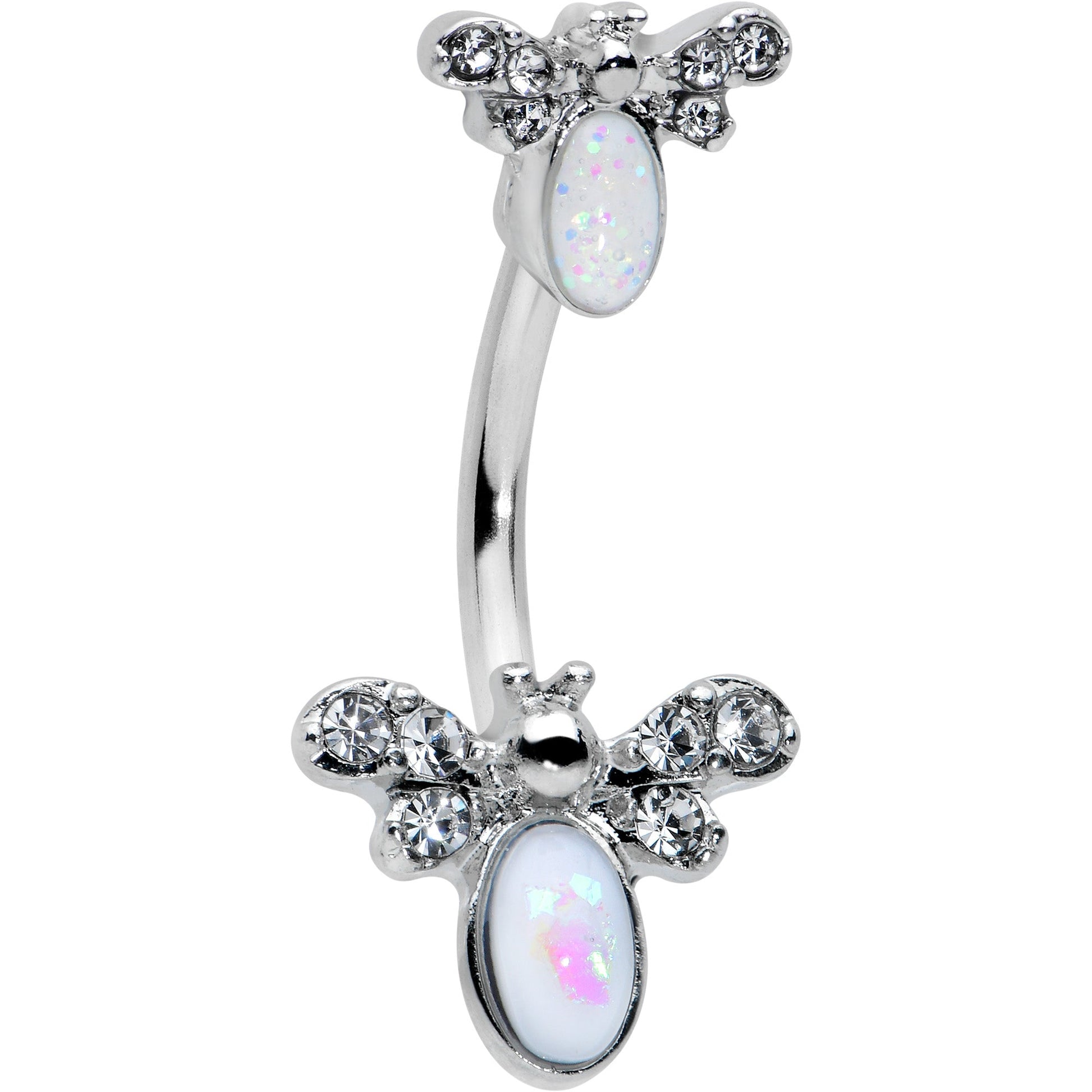 White Faux Opal Clear Gem Double Butterfly Double Mount Belly Ring - - BELLY RING Double Mount
