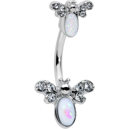 White Faux Opal Clear Gem Double Butterfly Double Mount Belly Ring - - BELLY RING Double Mount