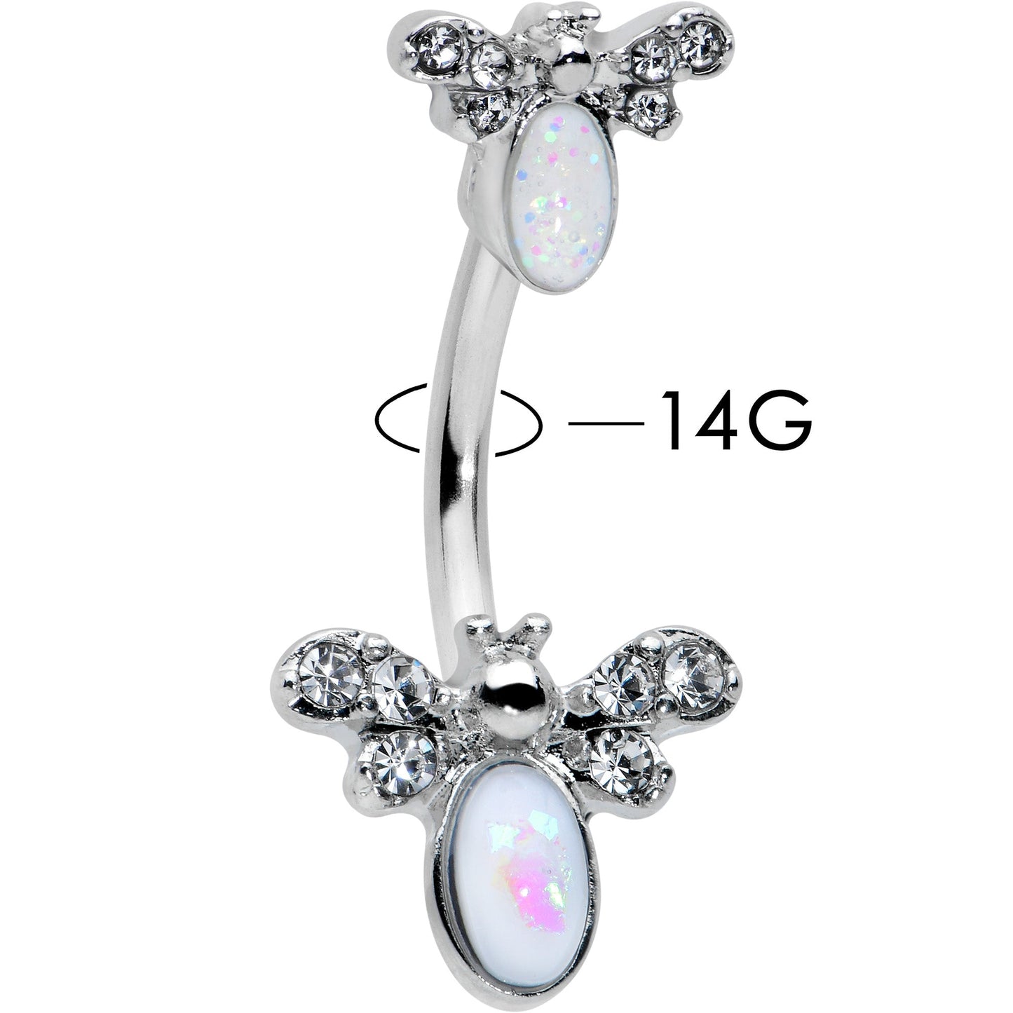 White Faux Opal Clear Gem Double Butterfly Double Mount Belly Ring - - BELLY RING Double Mount