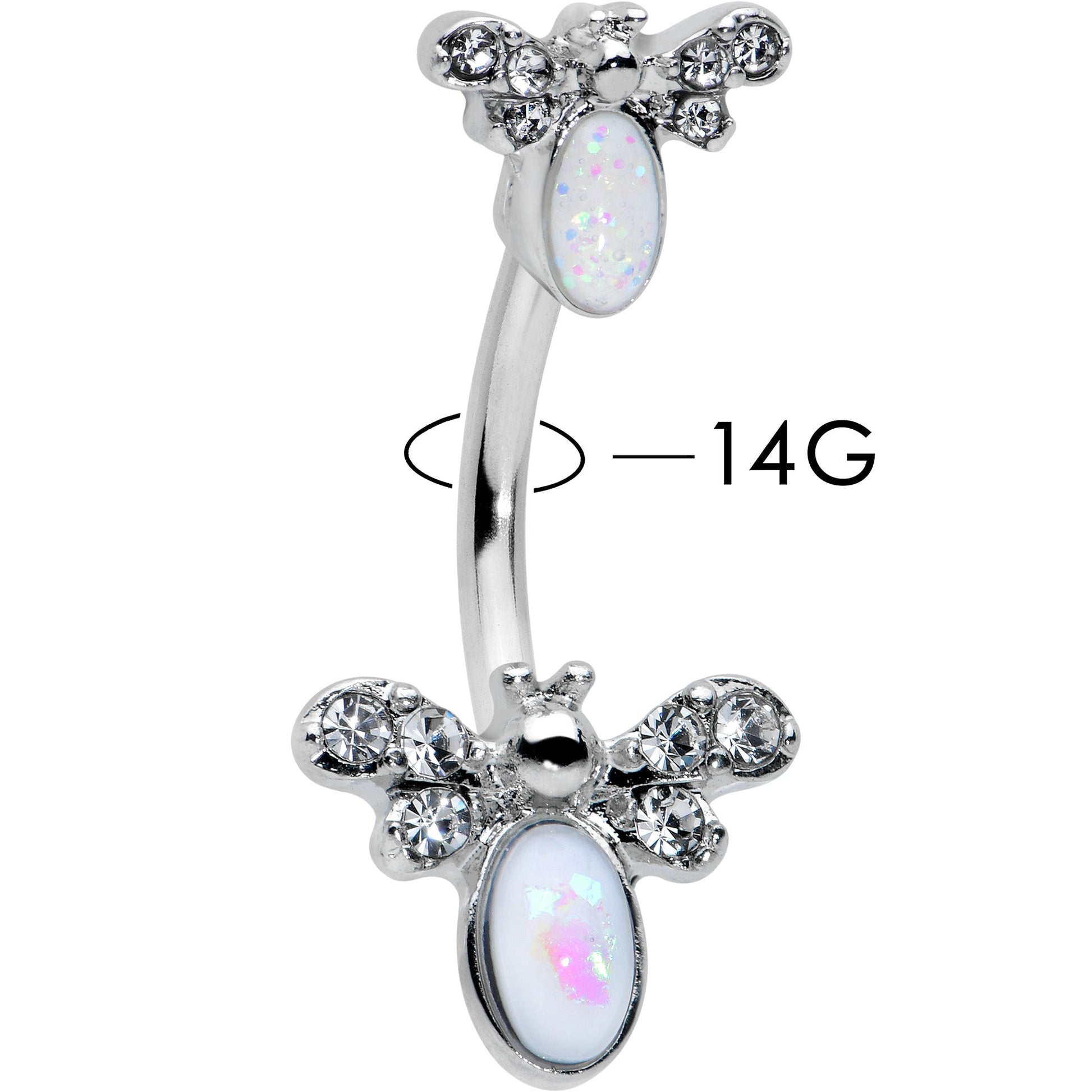 White Faux Opal Clear Gem Double Butterfly Double Mount Belly Ring - - BELLY RING Double Mount