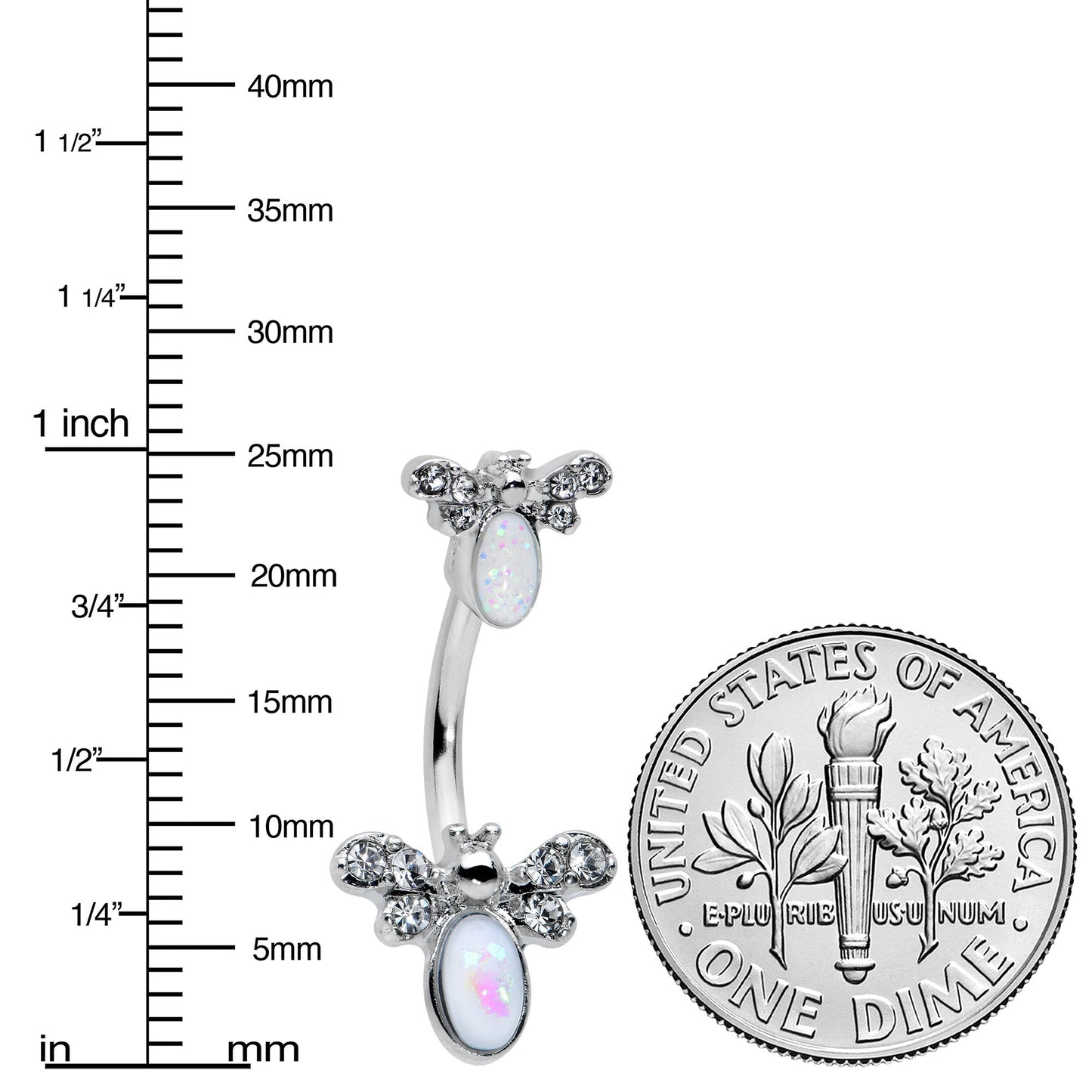 White Faux Opal Clear Gem Double Butterfly Double Mount Belly Ring - - BELLY RING Double Mount