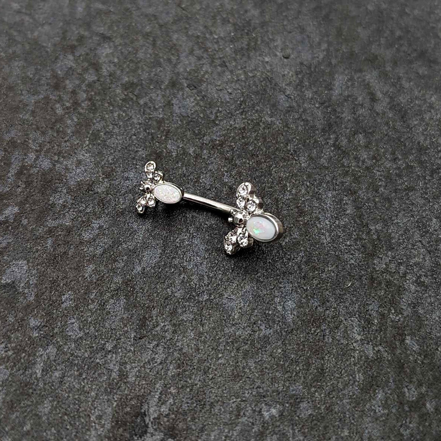 White Faux Opal Clear Gem Double Butterfly Double Mount Belly Ring - - BELLY RING Double Mount