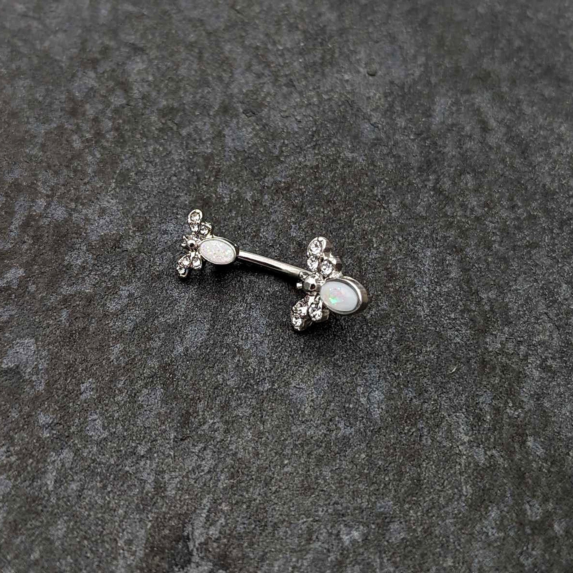 White Faux Opal Clear Gem Double Butterfly Double Mount Belly Ring - - BELLY RING Double Mount