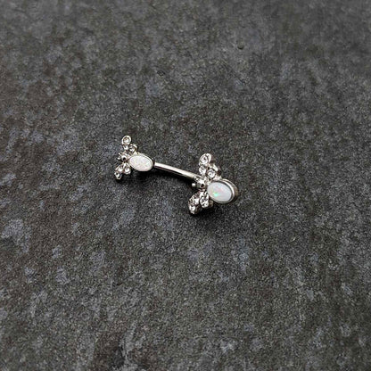 White Faux Opal Clear Gem Double Butterfly Double Mount Belly Ring - - BELLY RING Double Mount